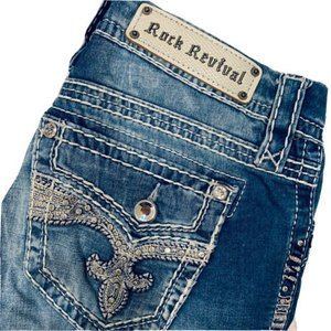 Rock Revival Yui Women's Jeans 28 Mid-Rise Boot Cut Embroidered Rhinestone Bling